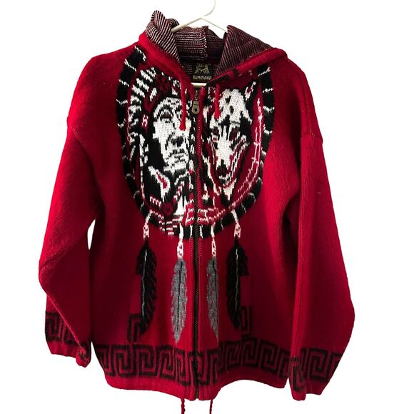 Ruminahui Red, White & Black Wolf & Native American Wool Zip Hooded Sweater M